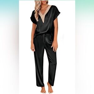 Lace v neck satin pajamas loungewear set